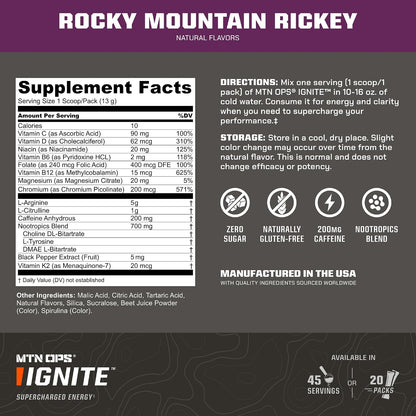 MTN OPS Ignite Trail Packs + Enduro Rocky Mountain Rickey Bundle, Portable Energy + Nitric Oxide Endurance Stack, 200mg Caffeine to-Go Packets + Stimulant-Free Performance