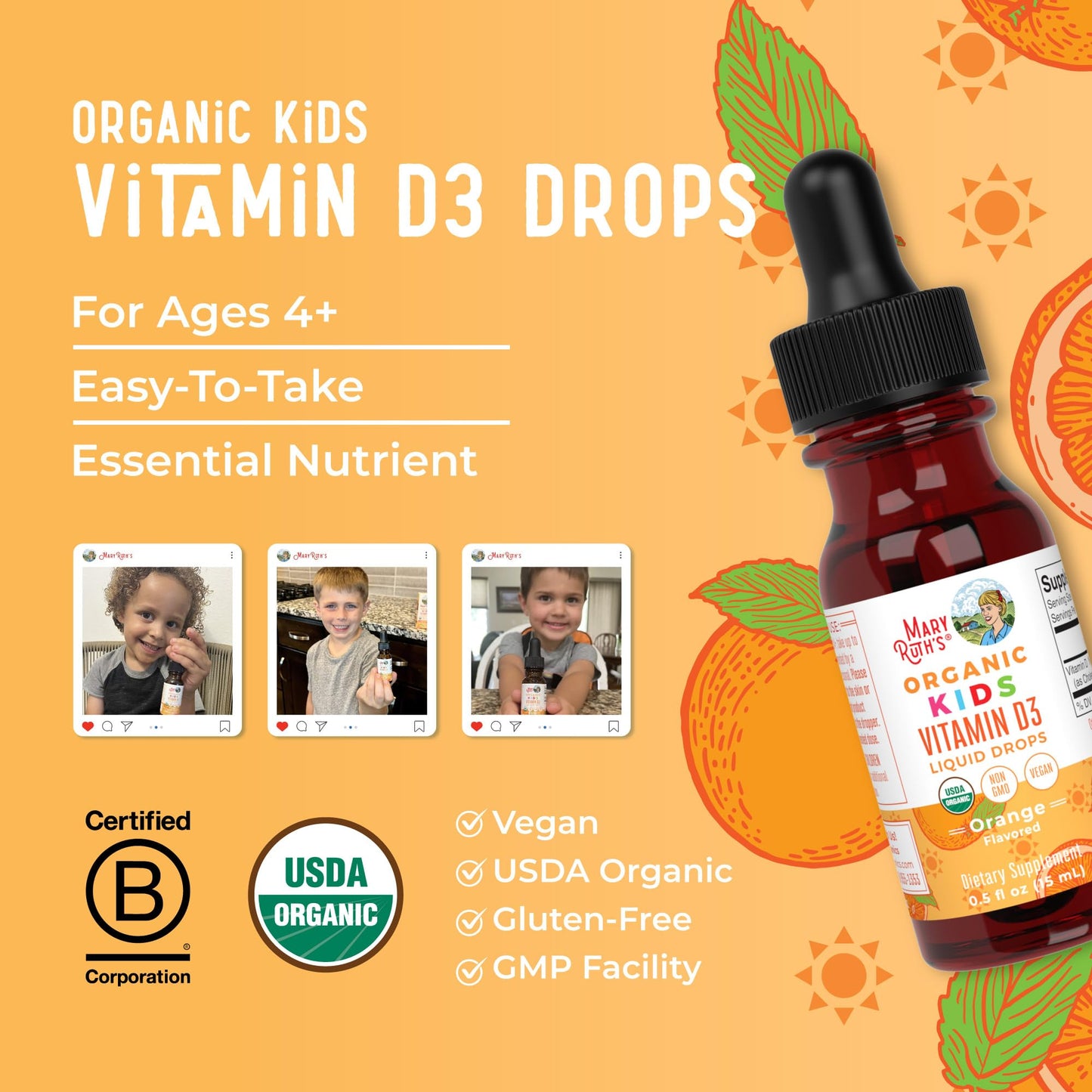 MARYRUTH'S Vitamin D3 Liquid Drops | Megadose 4000 IU | USDA Organic Liquid Vitamin D Spray for Adults & Kids | Immune Support & Bone Health | Vegan | Gluten Free | Non-GMO | 30 Servings