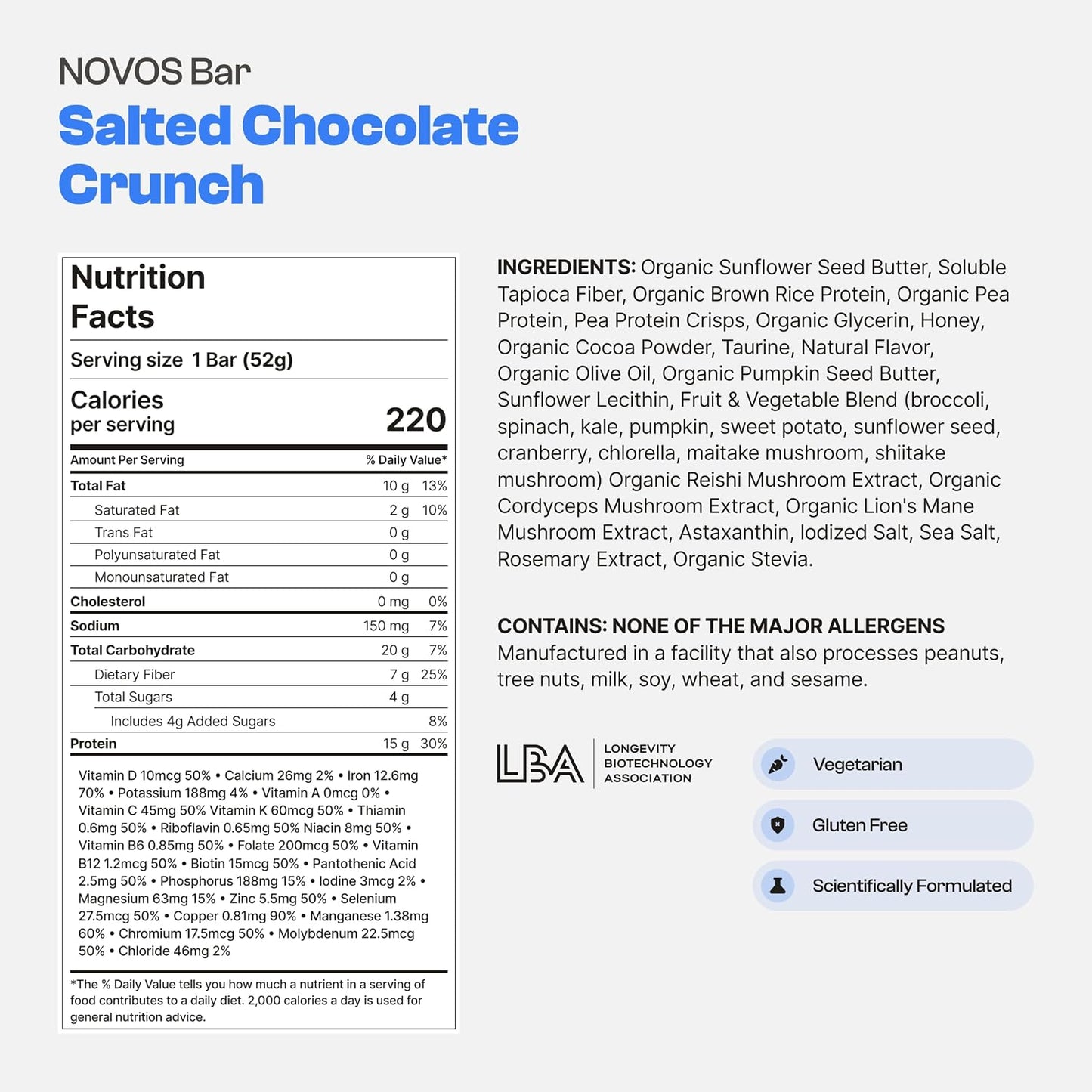 NOVOS Longevity Protein Bar Variety Pack (3 Flavors) – Peanut Butter, Mixed Berry Crunch & Salted Chocolate Crunch | 15g Protein, 20 Superfoods & Longevity Nutrients | Healthy Snack for Energy & Focus