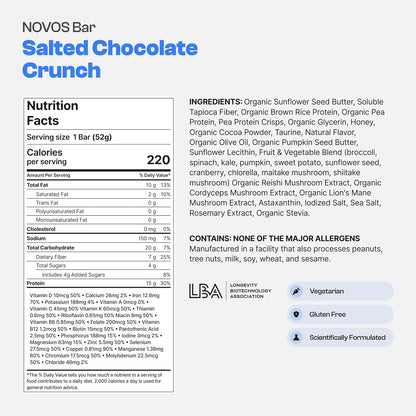 NOVOS Longevity Protein Bar Variety Pack (3 Flavors) – Peanut Butter, Mixed Berry Crunch & Salted Chocolate Crunch | 15g Protein, 20 Superfoods & Longevity Nutrients | Healthy Snack for Energy & Focus