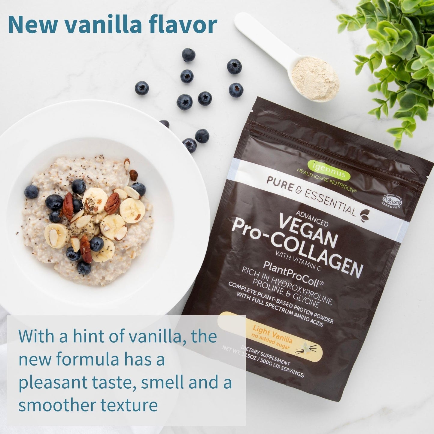 Igennus Advanced Vegan Vanilla Collagen Peptide Powder, Enhanced with Glycine, Proline & Hydroxyproline & Cofactor Vitamin C, Non GMO, Vegetarian Plant Based Collagen Powder Booster, 35 Servings