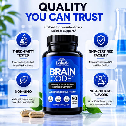 HerbaMe Nootropic Brain Supplement for Focus & Mental Clarity | Daily Cognitive Performance Stack with Choline, Bacopa, Lion’s Mane & L-Tyrosine | Memory & Energy Support | 90 Capsules