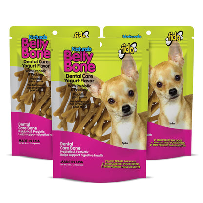 Fido Belly Bones for Dogs, Mini - 21 Count - Yogurt-Flavor Dental Treats for Small Dogs - Plaque & Tartar Control for Fresh Breath - Digestive Support - Made in USA