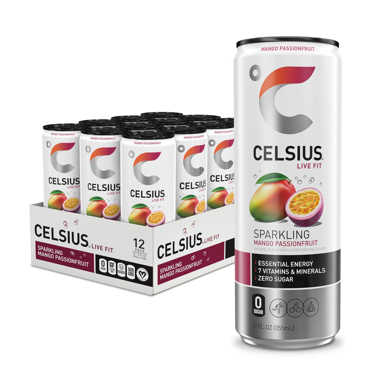 CELSIUS Sparkling Mango Passionfruit, Functional Essential Energy Drink 12 Fl Oz 