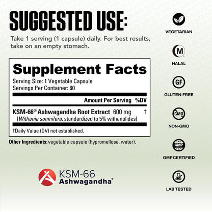 NutraBio Ashwagandha KSM-66 | Ashwagandha Herbal Supplement for Stress, Mood, & Performance | 600 MG of Clinically Studied KSM66 60 Capsules