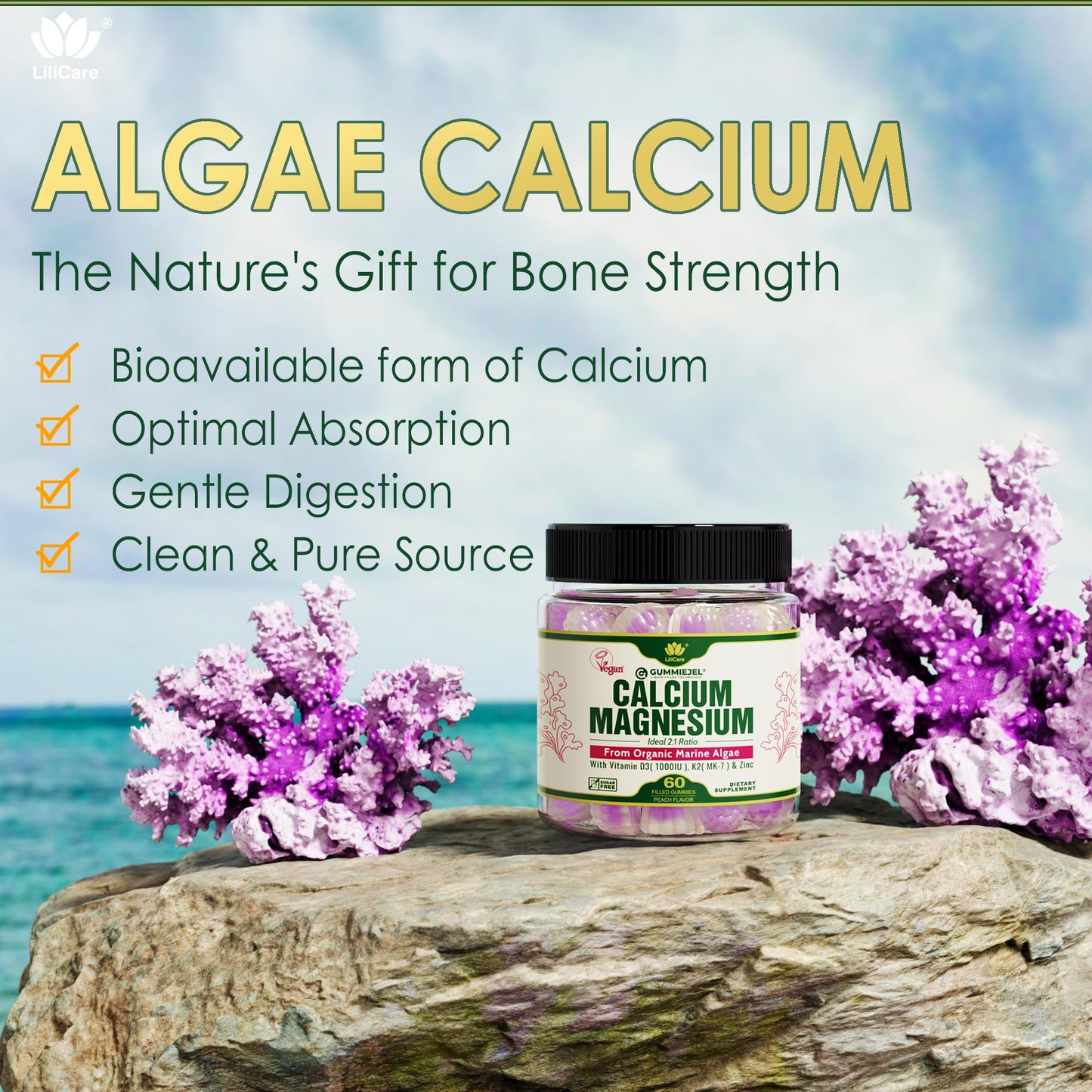 Plant Based Calcium Gummies 600mg with Vitamin D3 K2, Magnesium, Zinc for Bone Strength, Sugar Free Calcium Supplements for Women & Men (Certified Vegan) from Sustainably Organic Red Algae - 60 Counts