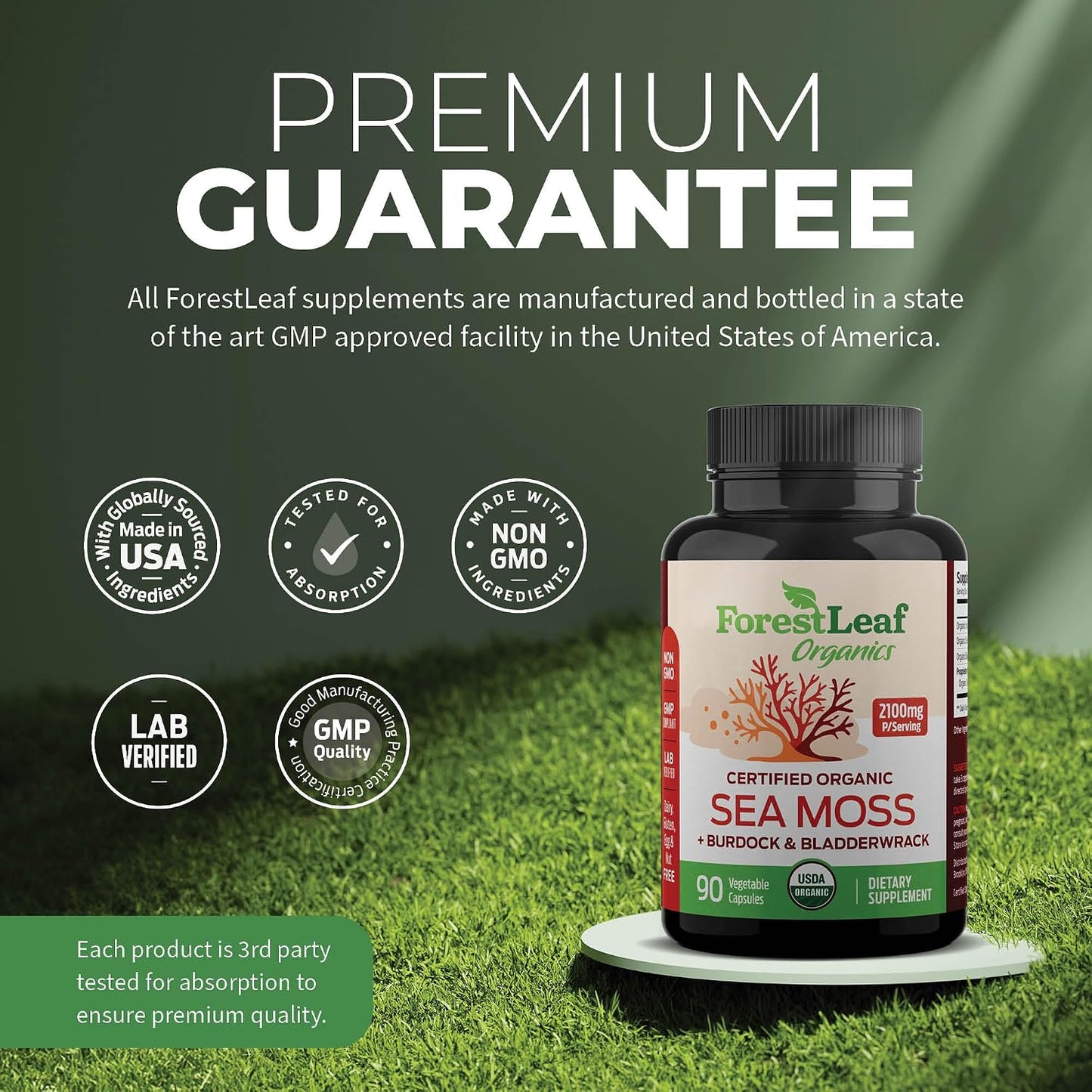 ForestLeaf Organic Irish Sea Moss Capsules | 2100mg Raw Seamoss Pills Advanced Supplement Superfood + Burdock, Bladderwrack for Digestive, Respiratory, Immune Health | 90 Vegan Organic Sea Moss Caps