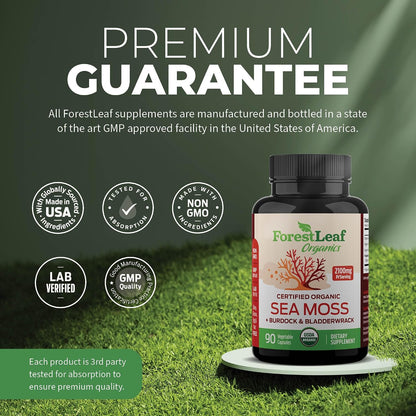 ForestLeaf Organic Irish Sea Moss Capsules | 2100mg Raw Seamoss Pills Advanced Supplement Superfood + Burdock, Bladderwrack for Digestive, Respiratory, Immune Health | 90 Vegan Organic Sea Moss Caps