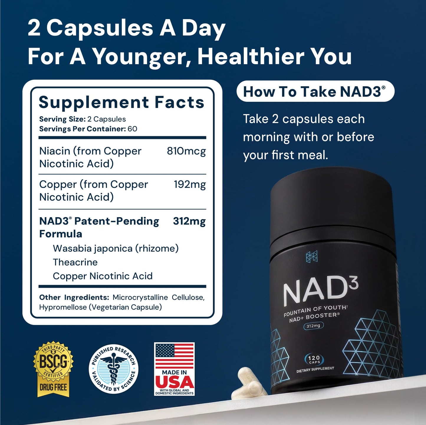 HPN NAD3 Clinical NAD+ Booster, Cellular Health & Natural Energy - NAD Supplement for Healthy Aging, Metabolic Support, NRF2 & Longevity, Nicotinamide Riboside & NMN Alternative, 120ct, 60-Day Supply