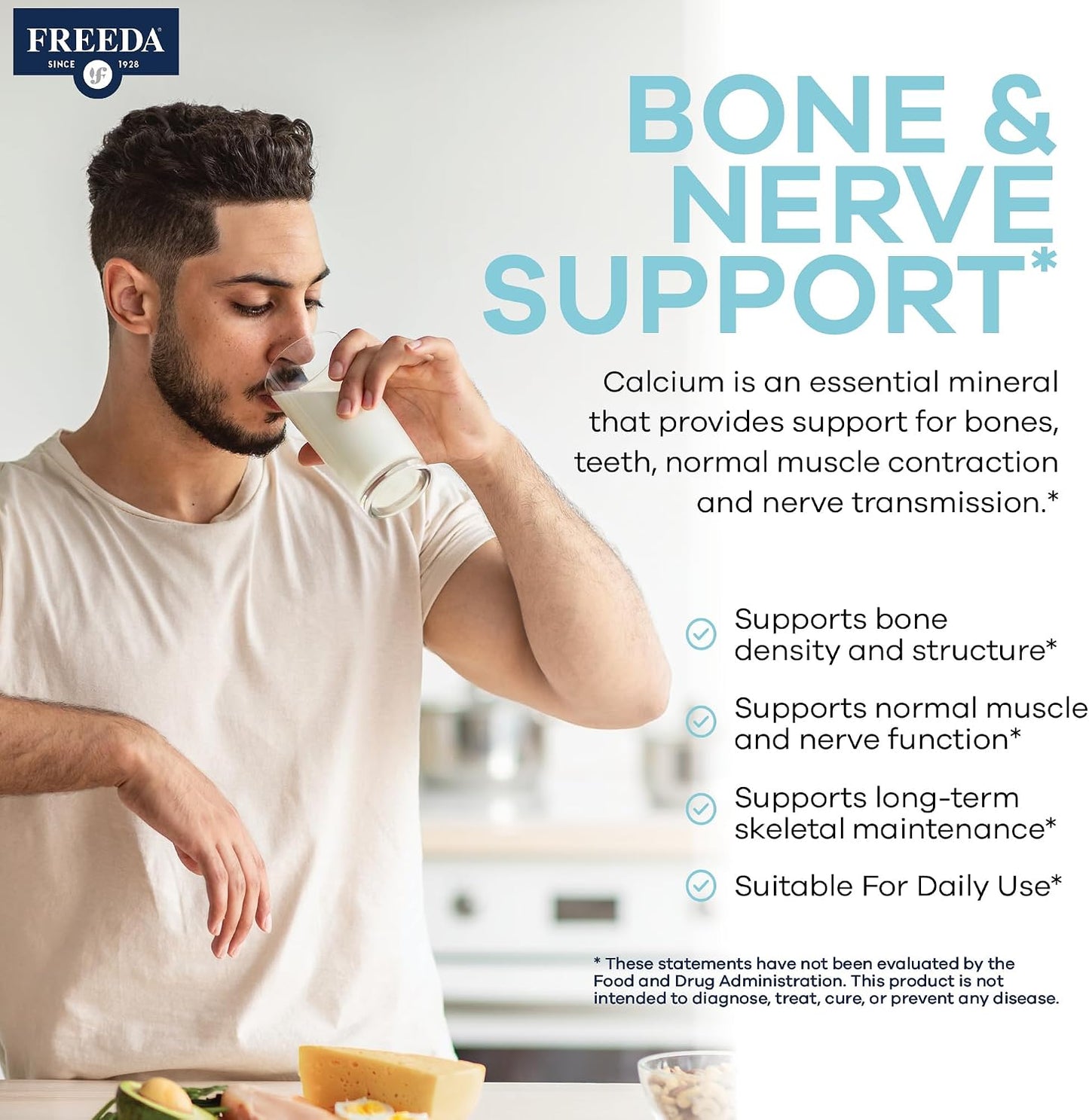 FREEDA Calcium 600mg Tablets for Bone, Joint & Teeth Support – 100 Count | Gluten-Free, Easy-to-Swallow Coated Tablets to Support Healthy Bones, Joints, Teeth, Muscle Function & Nerve Health