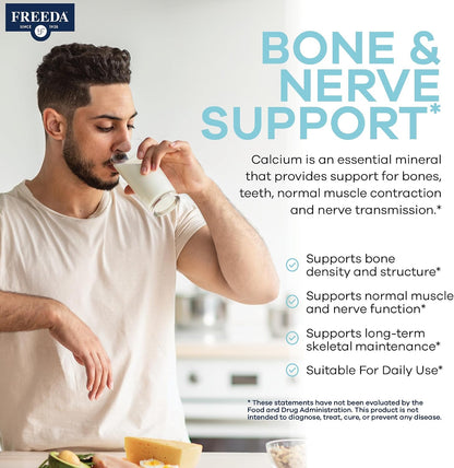 FREEDA Calcium 600mg Tablets for Bone, Joint & Teeth Support – 100 Count | Gluten-Free, Easy-to-Swallow Coated Tablets to Support Healthy Bones, Joints, Teeth, Muscle Function & Nerve Health