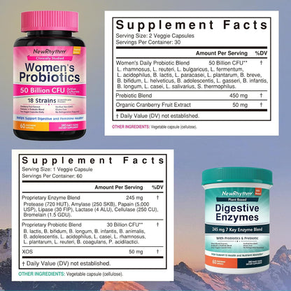 NewRhythm Women's Probiotics 50 Billion + Digestive Enzymes 245 mg Bundle, Gut Harmony Boost & Feminine Wellness, 120 Capsules Total (Pack of 2)