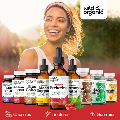 Wild & Organic Berberine Drops - Antioxidant Support - Liquid Berberine HCL 500mg - Add to Tea Supplement - Berberis Aristata Bark Extract - Pure, Vegan, Alcohol & Sugar-Free Tincture - 4 fl oz