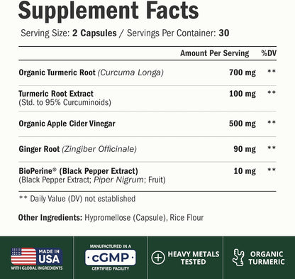 Apple Cider Vinegar Capsules with Turmeric, Ginger & BioPerine 60 Capsules