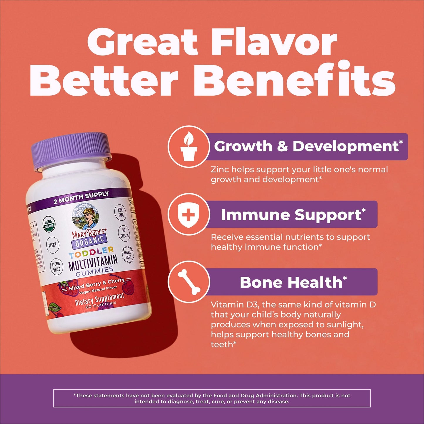 MaryRuth's Toddler Multivitamin Gummies | USDA Organic | 2 Month Supply | Kid & Toddlers Age 2+ Daily Multivitamin: Vitamin C, D3, Zinc | Kids Vitamins | Only 1 Gummy Per Day | 60 Ct (60 Day Supply)