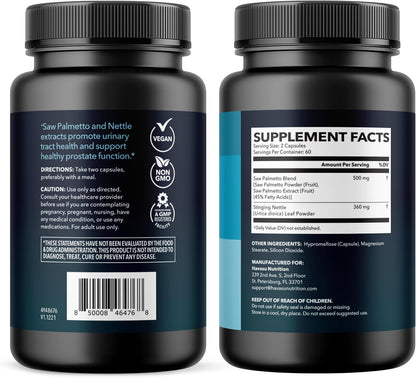 Saw Palmetto and Nettle Root Extract, Prostate Health Supplement, 120 Count | DHT Blocker and Prostate Health Supplement for Men, Supports Urinary Tract Health and Flow, Vegan, Non-GMO, 60-Day Supply