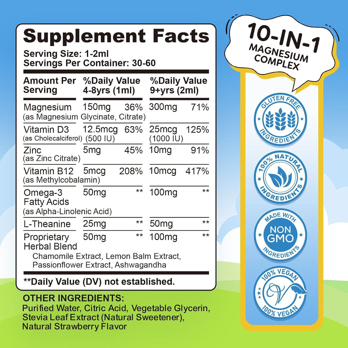 Kids Magnesium Liquid Drops - Liquid Magnesium Glycinate for Kids, Citrate Supplement with L-theanine, Omega-3, Vitamin B12, D3 for Sleep, Calm, Relaxation, Brain, Bones, Strawberry 2 Fl Oz
