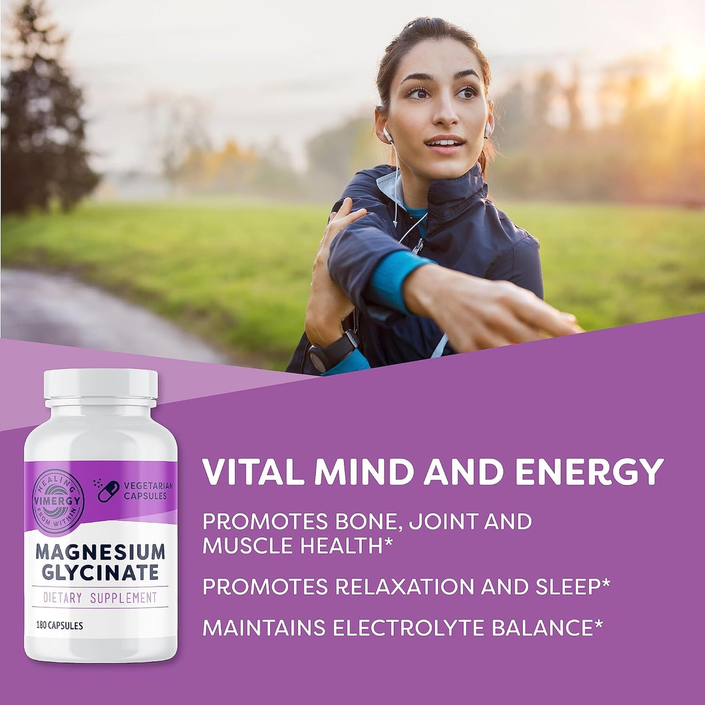VIMERGY Magnesium Glycinate – Stress Support – Chelated to Avoid Tummy Upset*– Promotes Heart Health & Energy*– Kosher, Vegan Gluten-Free – 180 Caps