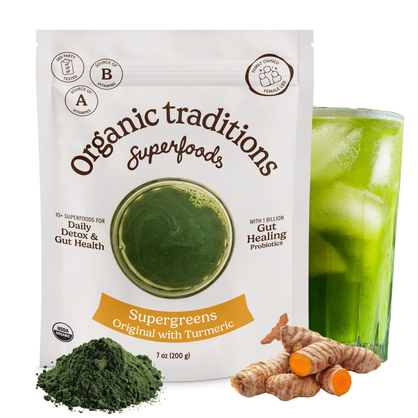 Organic Traditions Super Greens Powder with Turmeric, Organic Greens Superfood Blend with Vitamins Minerals and Probiotics, Plant Based Green Juice Mix for Smoothies and Drinks, 100g / 3.5oz Bag