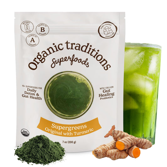 Organic Traditions Super Greens Powder with Turmeric, Organic Greens Superfood Blend with Vitamins Minerals and Probiotics, Plant Based Green Juice Mix for Smoothies and Drinks, 100g / 3.5oz Bag