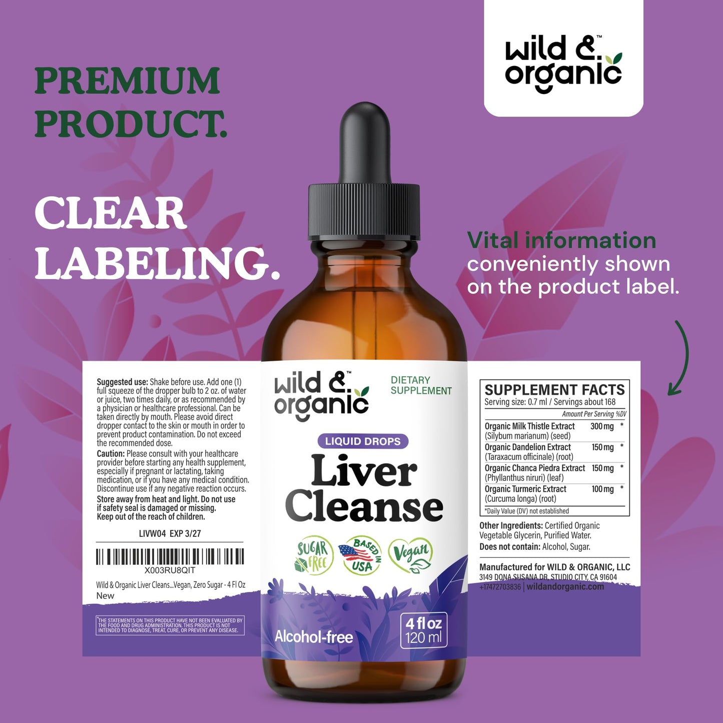 Wild & Organic Liver Cleanse Detox Tincture - Milk Thistle, Dandelion Root Herbal Complex - Liquid Liver Support Supplement - Vegan, Sugar & Alcohol-Free Milk Thistle Drops - 4 fl oz