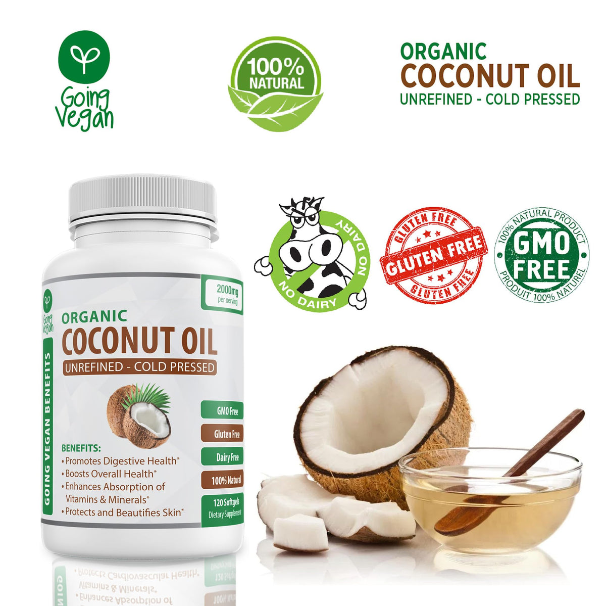 Organic Coconut Oil Capsules 2000mg - 100% Extra Virgin, Cold Pressed for Healthy Skin
