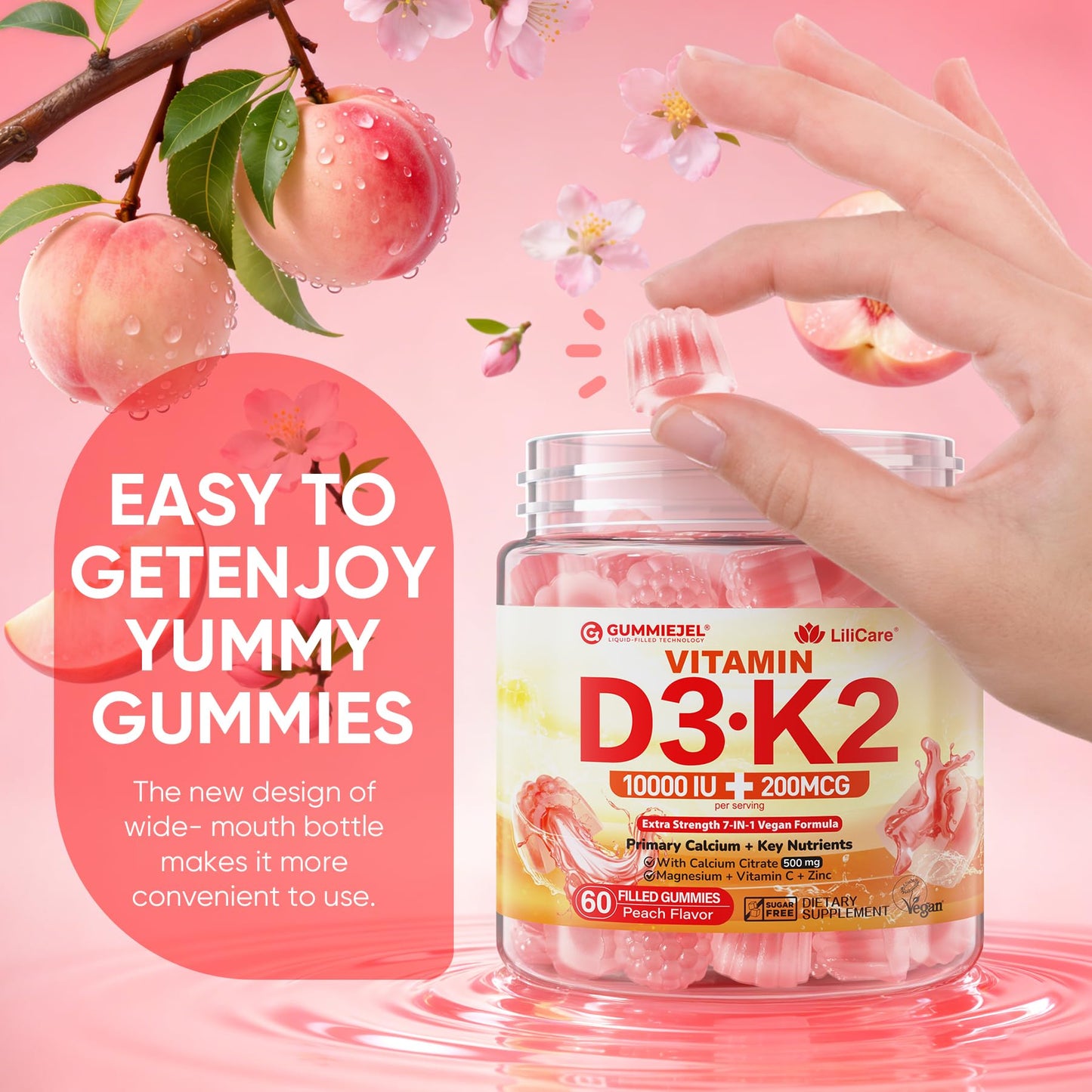 Vitamin D3 K2 Gummies 5000IU / 10,000 IU with 500mg Calcium + K2 (MK-7), Magnesium, Vitamin C & Zinc, For GLP-1 Users, Extra Strength - Ultimate Absorption for Bones, Muscles & Teeth, Vegan, 60Count