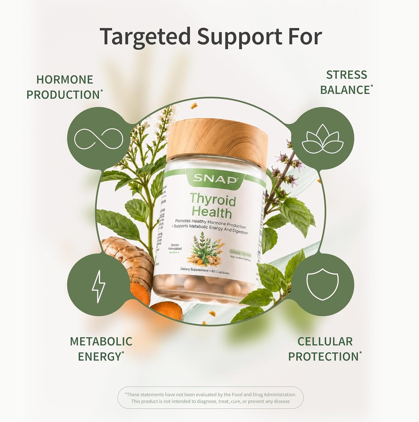 Snap Supplements Thyroid Health, Selenium, Zinc, L-Tyrosine, 60 Capsules | Thyroid Support Supplement for Women & Men, Botanicals for Metabolism, Energy & Endocrine Balance, Iodine-Free, Vegan
