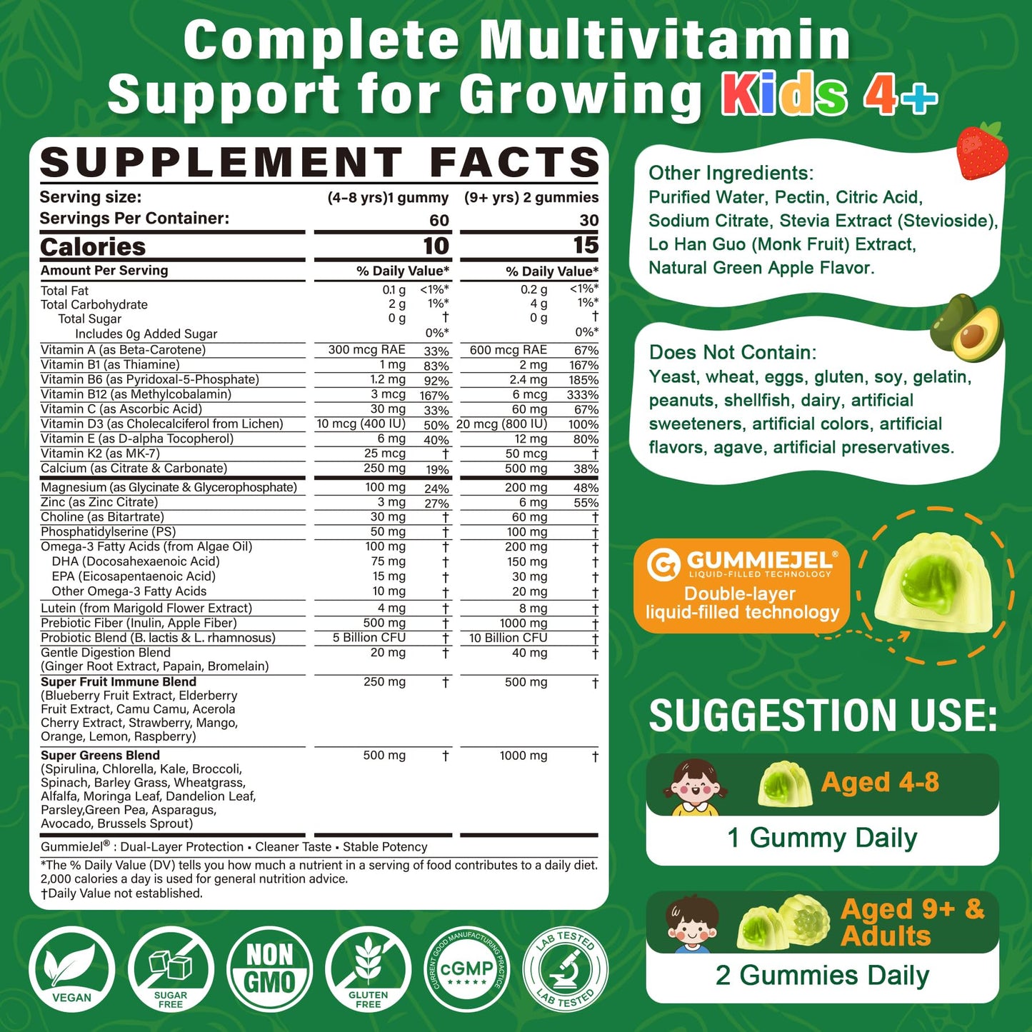 Kids Multivitamin Gummies, 20+ Super Greens Fruit Veggies Supplement Superfood Daily Fiber Gummies for Picky Eater with Probiotics Kids Gummy Vitamins & Minerals for Growth, Gut, Immune Support, 60Cts