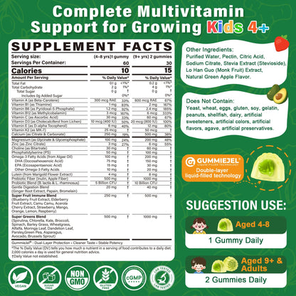 Kids Multivitamin Gummies, 20+ Super Greens Fruit Veggies Supplement Superfood Daily Fiber Gummies for Picky Eater with Probiotics Kids Gummy Vitamins & Minerals for Growth, Gut, Immune Support, 60Cts