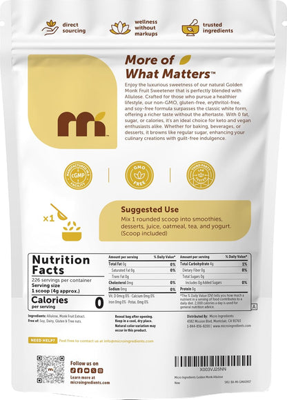 Micro Ingredients Golden Monk Fruit Sweetener with Allulose, 2 lbs, Pouch, 1:1 Brown Sugar Substitute, No Erythritol, No Aftertaste, 0 Calorie Alternative for Baking, Coffee, Tea, Keto, Vegan-Non-Gmo