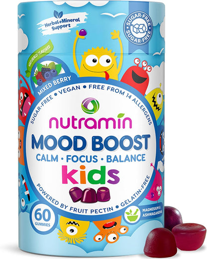 Nutracelle NUTRAMIN Kids Mood Boost Vegan Vitamin Gummy: Magnesium Citrate Supplement for Children with Ashwagandha & Vitamin B Complex to Relax & Focus - Sugar-Free, Wild Berry - 60ct (60 Count)