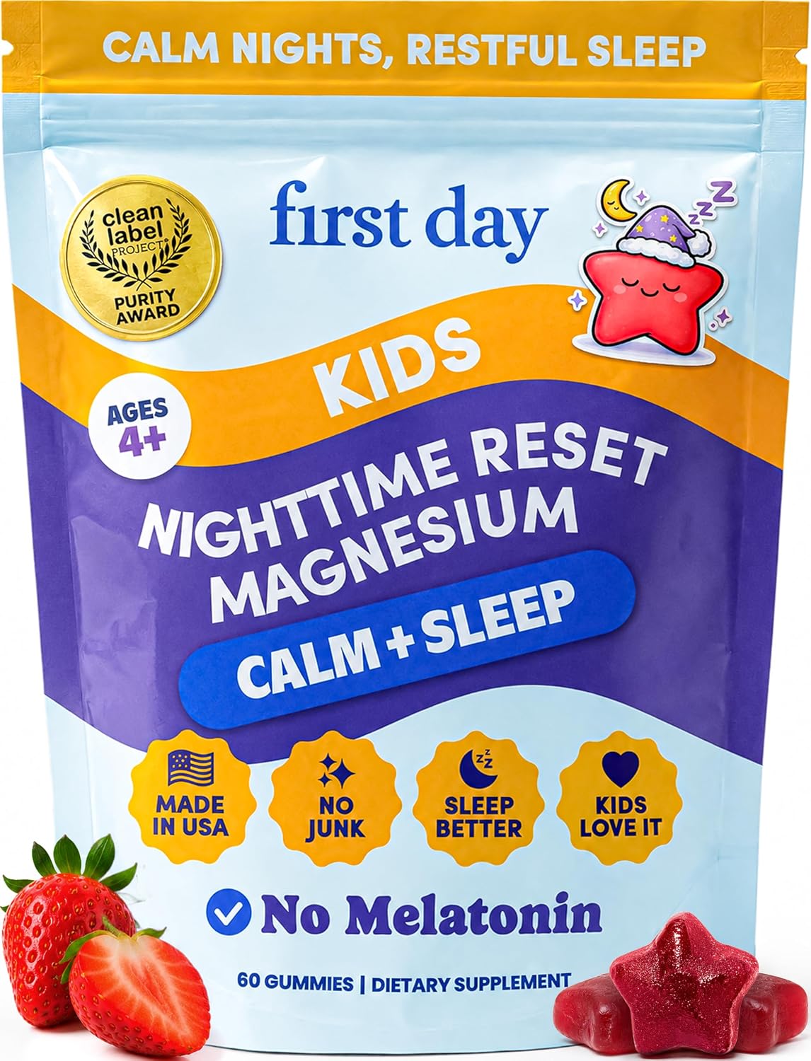 FIRST DAY Kids Magnesium Gummies, Citrate + L-Theanine, No Melatonin, 60 Ct