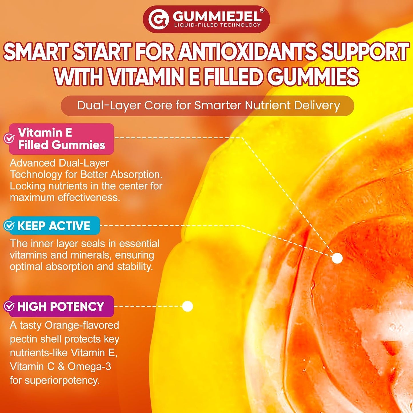 Liposomal Vitamin E Gummies 1000IU - Natural Forms of Vitamin E, with Mixed Tocopherols | 8-in-1 Antioxidant Formula with CoQ10, Omega-3, Vitamin C & Turmeric | for Skin, Eye, Immune & Brain, 1 PACK
