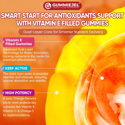 Liposomal Vitamin E Gummies 1000IU - Natural Forms of Vitamin E, with Mixed Tocopherols | 8-in-1 Antioxidant Formula with CoQ10, Omega-3, Vitamin C & Turmeric | for Skin, Eye, Immune & Brain, 1 PACK