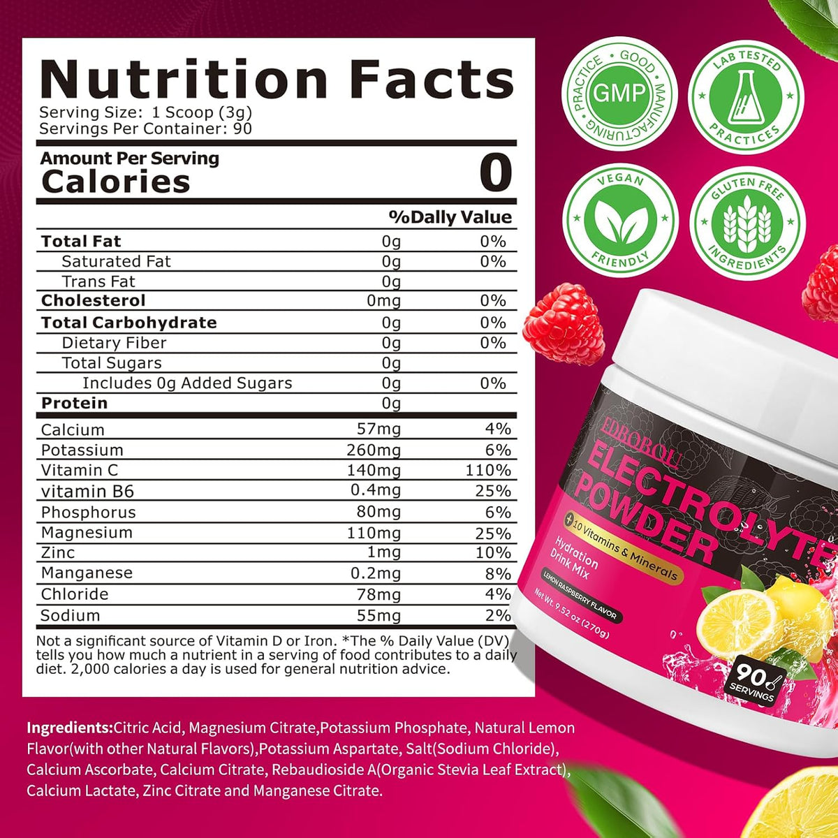 Sugar Free Raspberry Lemon Electrolyte Powder, Zero Calorie, 90 Servings