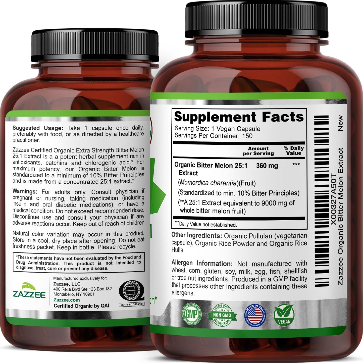 Zazzee USDA Organic Bitter Melon 25:1 Extract, 10% Bitter Principles, 150 Vegan Capsules, 5 Month Supply, Extra Strength, Momordica Charantia, Antioxidant & Metabolic Support, Non-GMO, Made in the USA