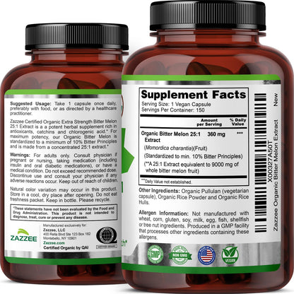 Zazzee USDA Organic Bitter Melon 25:1 Extract, 10% Bitter Principles, 150 Vegan Capsules, 5 Month Supply, Extra Strength, Momordica Charantia, Antioxidant & Metabolic Support, Non-GMO, Made in the USA