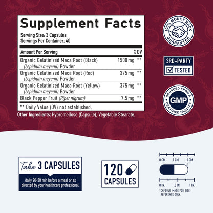 Organic Maca Root Capsules for Women | 2250MG Extra Strength | Red, Black & Yellow