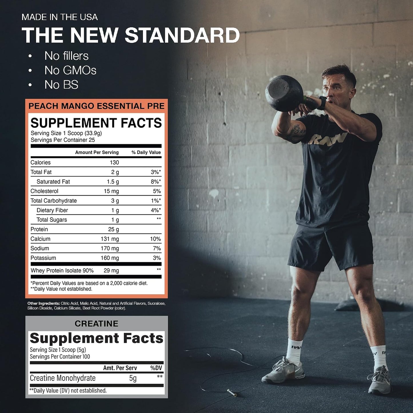 RAW Nutrition Creatine Monohydrate & Peach Mango Pre-Workout Powder Bundle