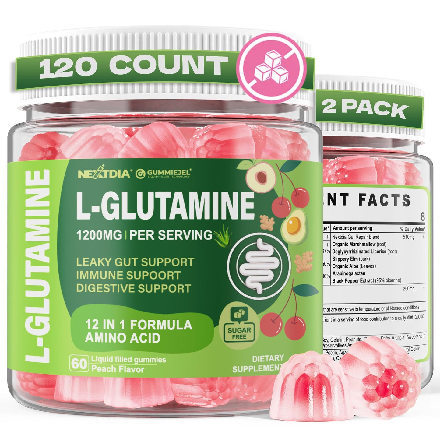 Nextdia L-Glutamine 1200mg Gummies, GLP-1 Friendly, for Gut & Immune Support, Leaky Gut Repair with Akk Probiotic, Slippery Elm, Marshmallow Root, Ginger, Aloe, Vitamin C D3, Zinc, Sugar-Free, 60 Cts