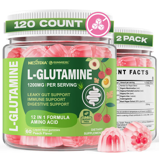 Nextdia L-Glutamine 1200mg Gummies, GLP-1 Friendly, for Gut & Immune Support, Leaky Gut Repair with Akk Probiotic, Slippery Elm, Marshmallow Root, Ginger, Aloe, Vitamin C D3, Zinc, Sugar-Free, 60 Cts