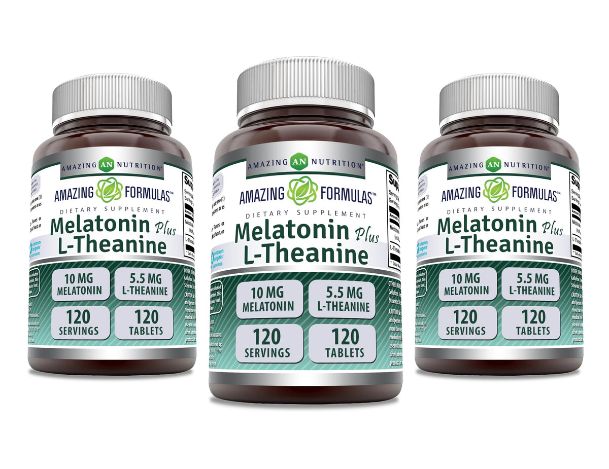 Amazing Formulas Melatonin 10 Mg Plus L-Theanine 5.5 Mg Supplement | Tablets | Non-GMO | Gluten Free | Made in USA | (1 Pack, 120 Tablets)