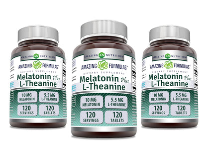 Amazing Formulas Melatonin 10 Mg Plus L-Theanine 5.5 Mg Supplement | Tablets | Non-GMO | Gluten Free | Made in USA | (1 Pack, 120 Tablets)