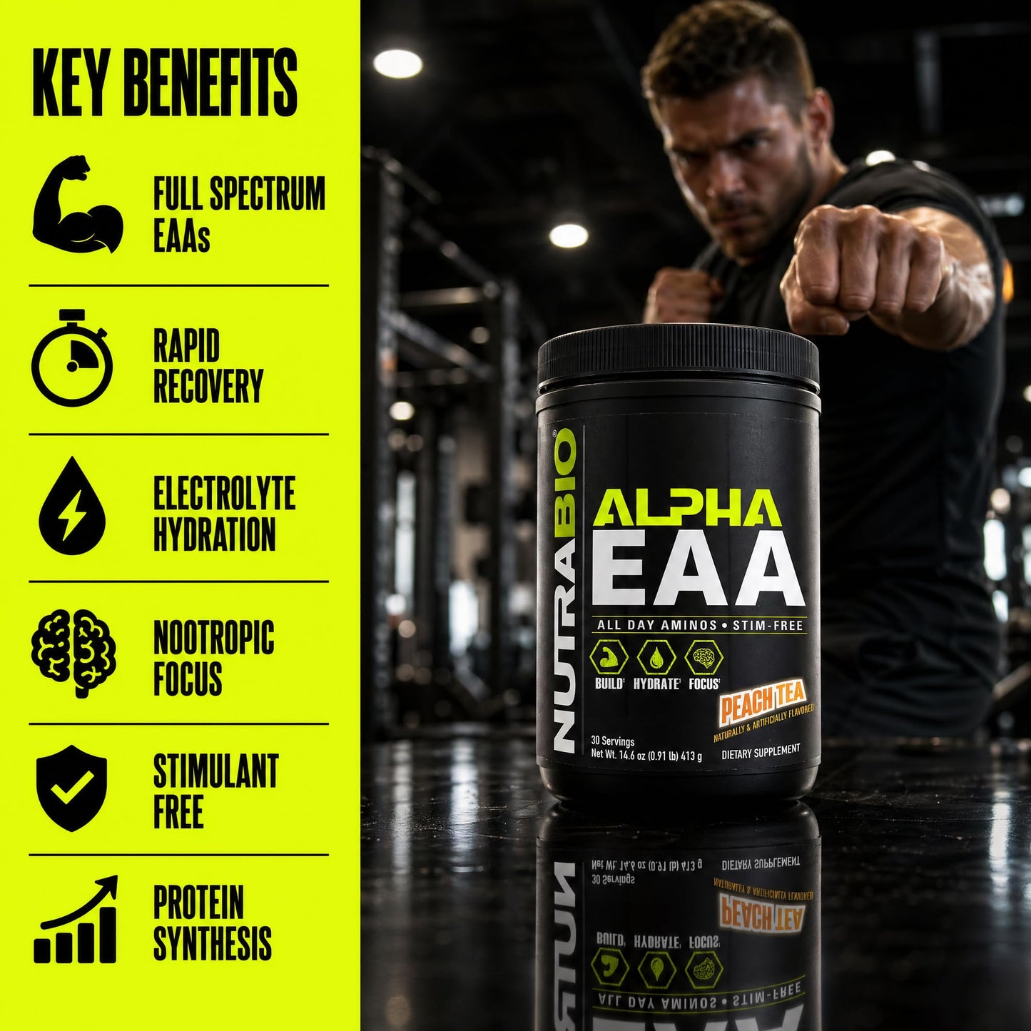 NutraBio Alpha EAA - All-Day Amino Acids for Muscle Growth and Hydration - Essential Amino Acids with Nootropics & Adaptogens- Full Spectrum EAA BCAA Powder - 30 Servings - Strawberry Lemon