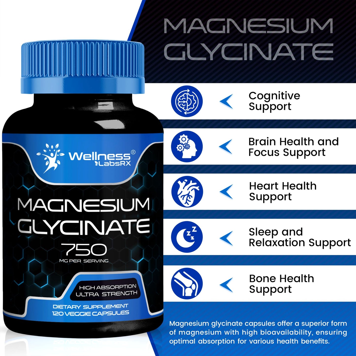 Magnesium Glycinate Capsules - 750mg | 120 Count, Magnesium Supplement for Women and Men - Pure Complex Glicinato De Magnesio, High Absorption, Heart Health, Sleep Supplement - 2 Packs
