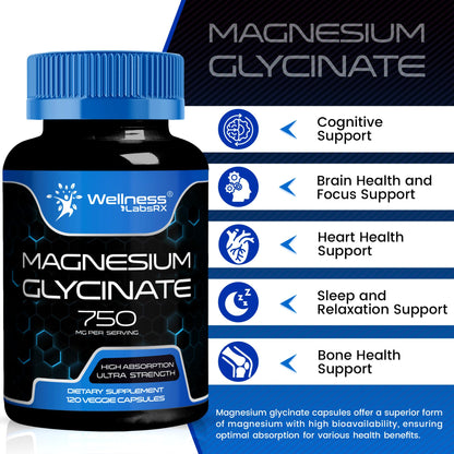Magnesium Glycinate Capsules - 750mg | 120 Count, Magnesium Supplement for Women and Men - Pure Complex Glicinato De Magnesio, High Absorption, Heart Health, Sleep Supplement - 2 Packs
