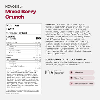 NOVOS Longevity Protein Bar Variety Pack (3 Flavors) – Peanut Butter, Mixed Berry Crunch & Salted Chocolate Crunch | 15g Protein, 20 Superfoods & Longevity Nutrients | Healthy Snack for Energy & Focus