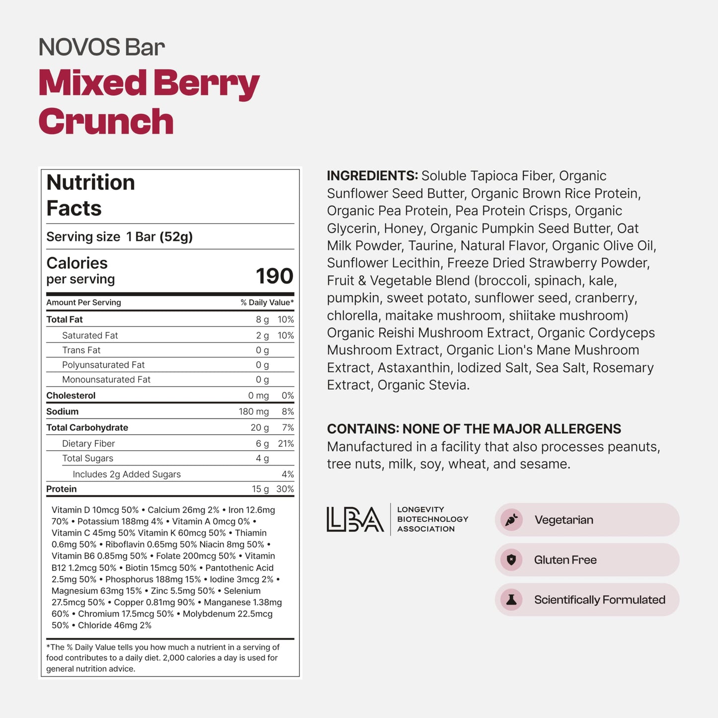 Novos Longevity Protein Bar | 15g Protein, 20 Superfoods, 5 Longevity Ingredients for Men & Women | Supports Skin, Mind & Mood | Mixed Berry Crunch (12-Pack)
