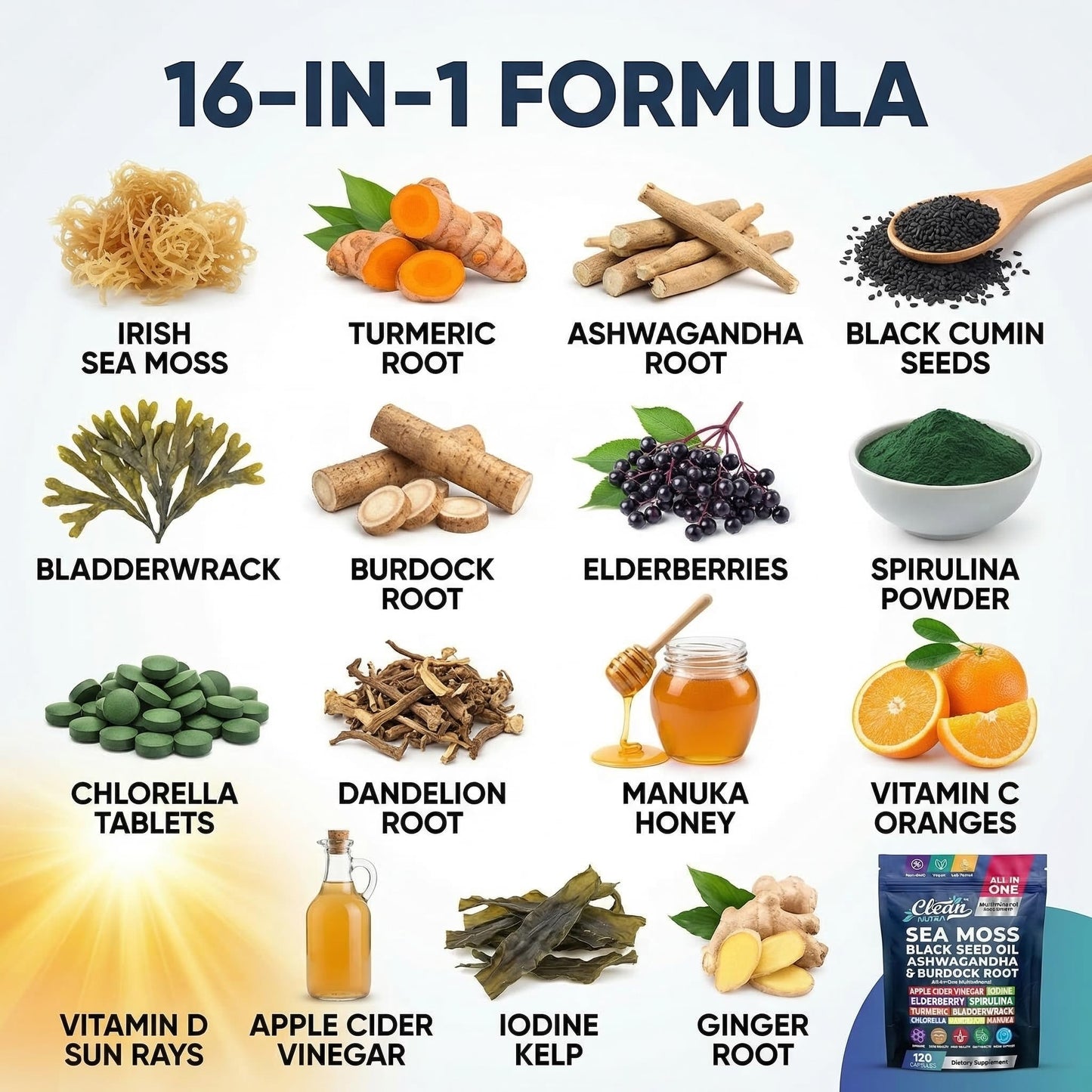 Clean Nutraceuticals Sea Moss Black Seed Oil Ashwagandha Turmeric Bladderwrack Burdock & Vitamin C Vitamin D3 with Elderberry Manuka Dandelion Yellow Dock Iodine Chlorophyll ACV